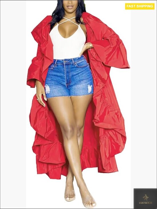 Sweaters - Oversized Ruffle Hem Cardigan Cape Trench Coat Open Front Maxi Chic